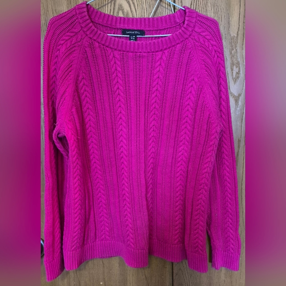 Hot Pink Cable Knit Crewneck Pullover Sweater Size L P Lands End 100% COTTON